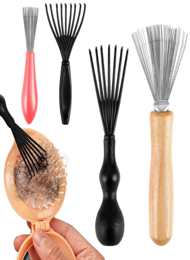 WJIAAA Hair Brush Cleaner Tool Set, 4 Pcs Hairbrush Cleaner with Rake Design Metal Wire Comb Remover Mini Instrument Hairstylist Essentials Wooden Handle for Home Salon Removing Hairs Dust Dirt Lint - Image 1